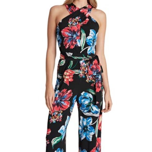 Tahari Pants - TAHARI Floral Criss-Cross Halter Neck Jumpsuit